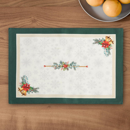 Christmas Placemats Set of 4 – 100% Canvas Cotton, Green Gold & White Floral Screen Print, Holiday & Winter Table Mats, 14x19 Inch, Washable Reusable, Gift-Boxed Sustainable Dining & Kitchen Christmas