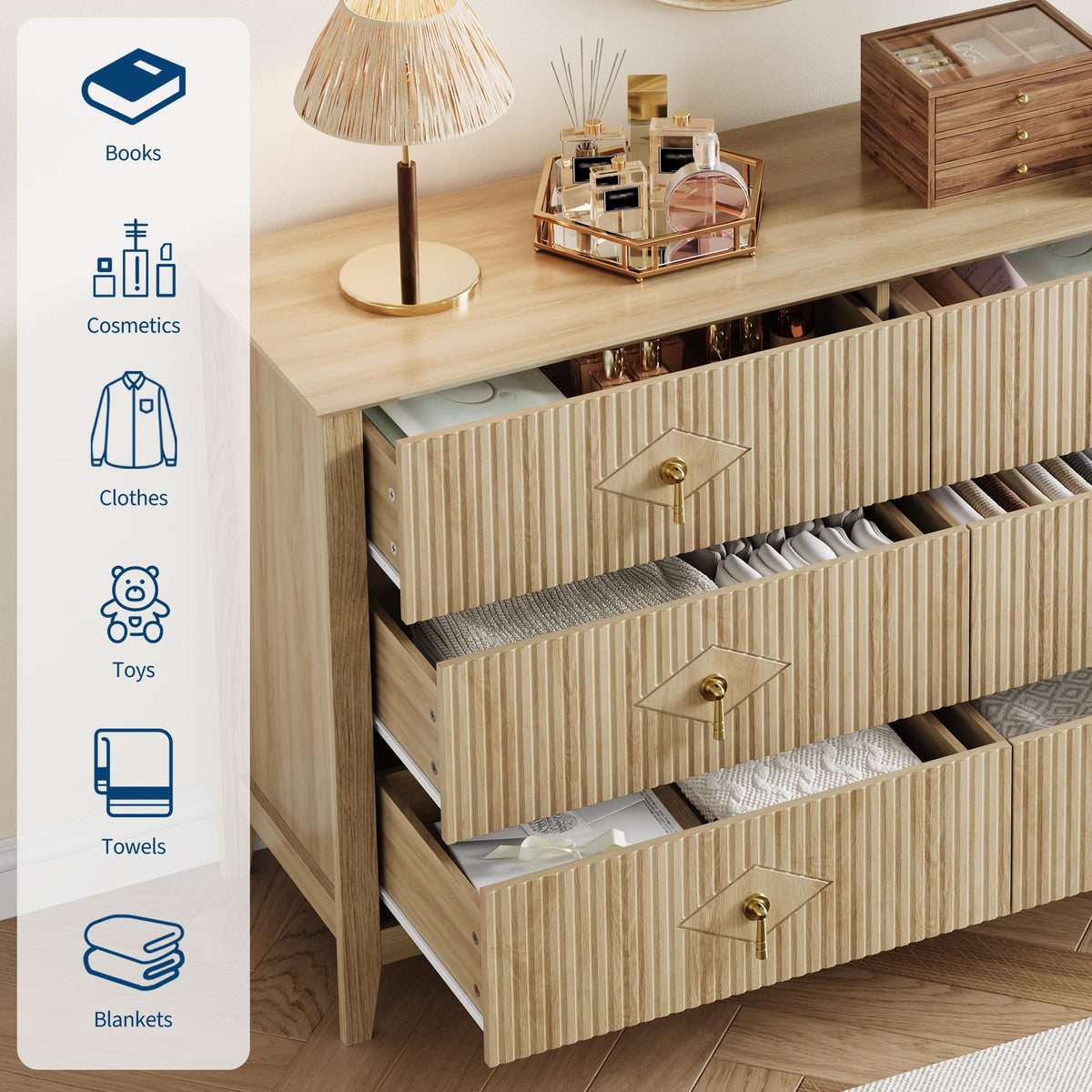GarveeHome Fluted Dresser for Bedroom, 54 Inch Wide 6-Drawer Wood Dresser, Modern Chest of Drawers, Storage Organizer Cabinet for Living Room, Hallway, Entryway, Natural Oak
