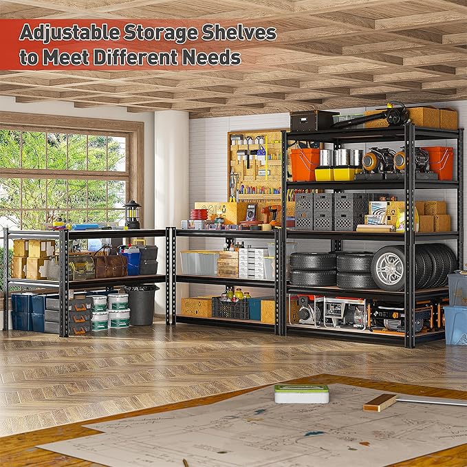 REIBII 2400LBS Storage Shelves 5 Tier Garage Shelving Heavy Duty, Adjustable Metal Shelving Unit, Garage Shelves for Basement, Warehouse, Pantry, Closet, Kitchen 72" H x 35.55" W x 16" D, 2 Pack | Heavy Duty, Adjustable, 2020LBS Capacity, Garage, Pantr...