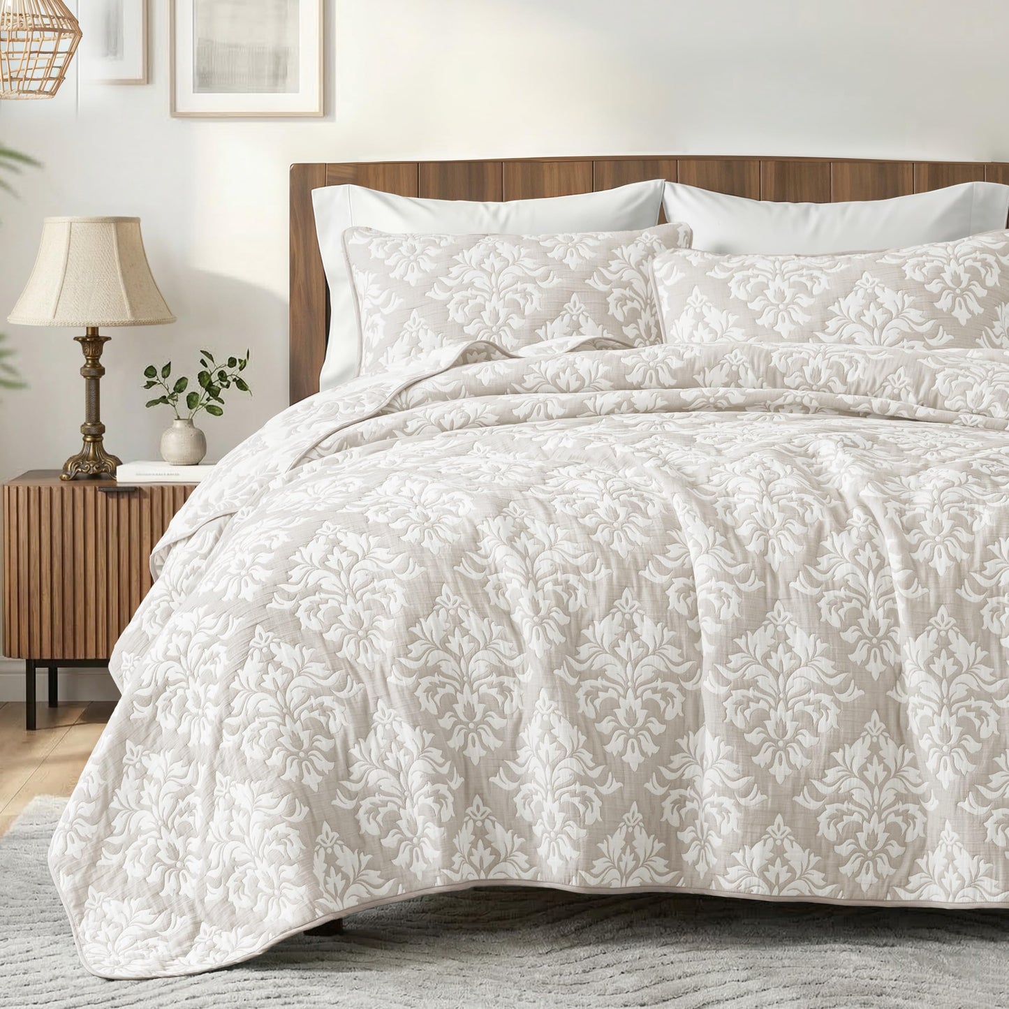 Exclusivo Mezcla Cotton Quilts King Size Beige, Soft Lightweight Bedspread Breathable Prewashed Bed Coverlet with 2 Pillow Shams, Boho Pattern Yarn Dyed Muslin Quilt Bedding Set for All Seasons