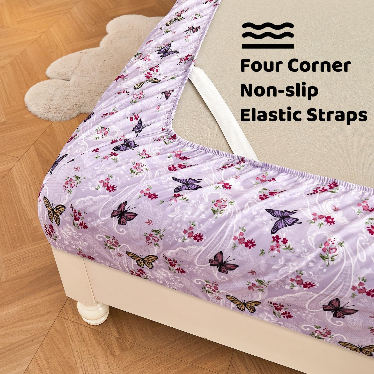 Softan Floral King Bed Sheets, Purple Paisley Flower Printed Sheet Set - Brushed Microfiber King Fitted Sheet with 15" Deep Pocket and Corner Straps, Butterfly Patterned Sheet & Pillowcase Sets