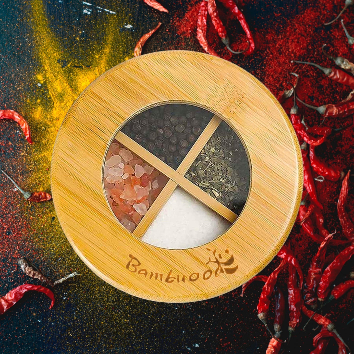 Bambuood Premium 4 Compartments Salt & Spice Cellar with Spoon - Swivel Magnetic Lid for Convenient Seasoning Access - 100% Natural Bamboo - Elegant and Eco-Friendly Kitchen Accessory.
