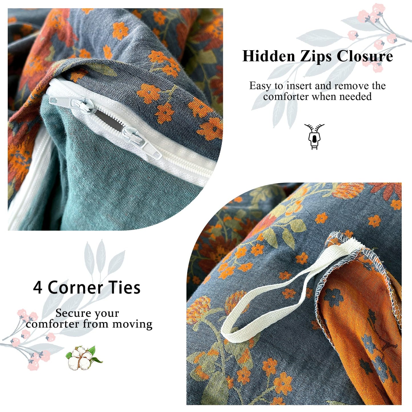 VM VOUGEMARKET Rustic Double Layer Gauze Jacquard Duvet Cover Queen, Dusty Slate Blue with Retro Orange Floral Print, Soft Breathable Boho Comforter Cover with Zipper&Ties