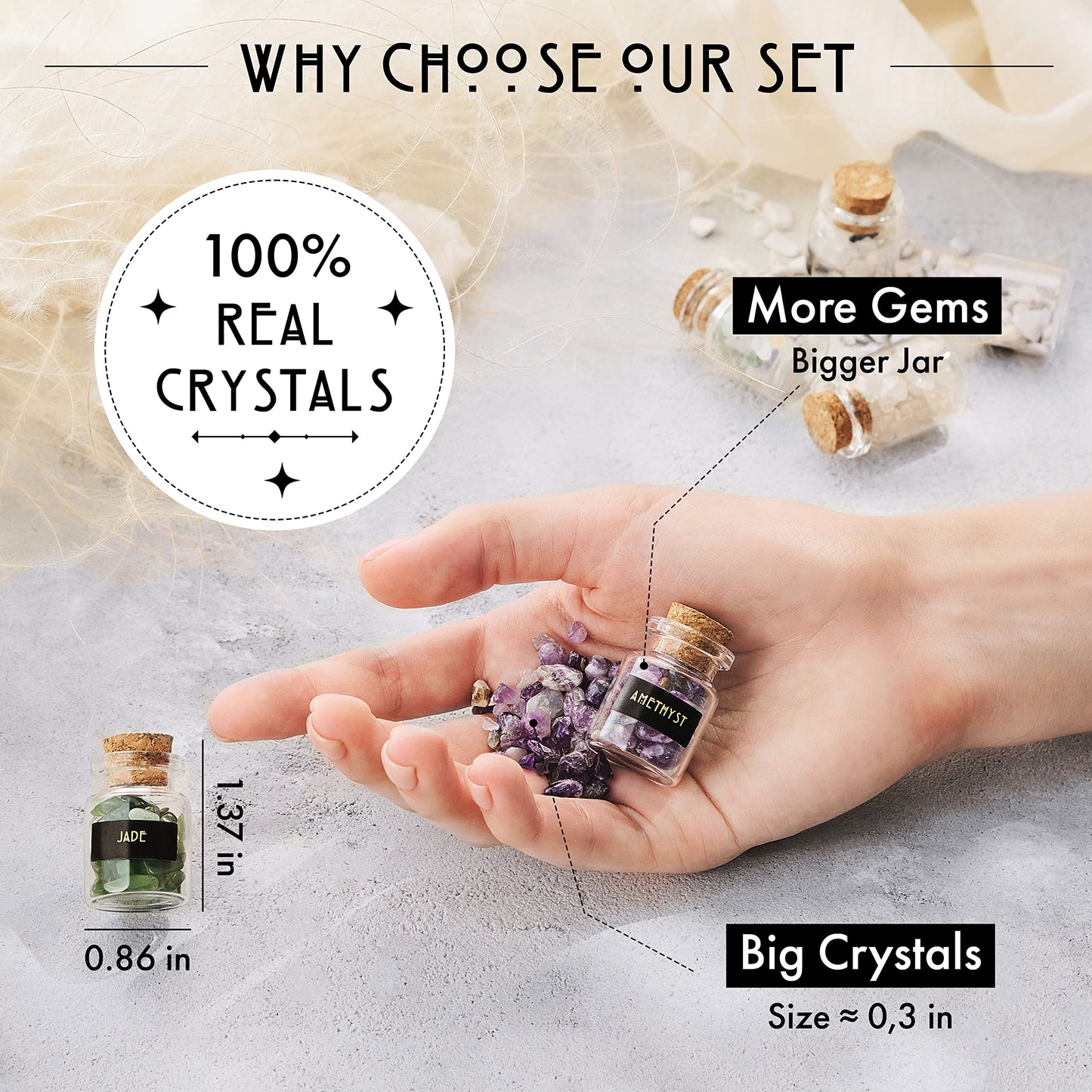 Healing Сrystals in Spell Jars 30 PCS - Real Witchcraft Crystals & Selenite Stick - Mini Gemstones for Altar - Spiritual Crystals & Stones Gifts - Wiccan Supplies & Tools