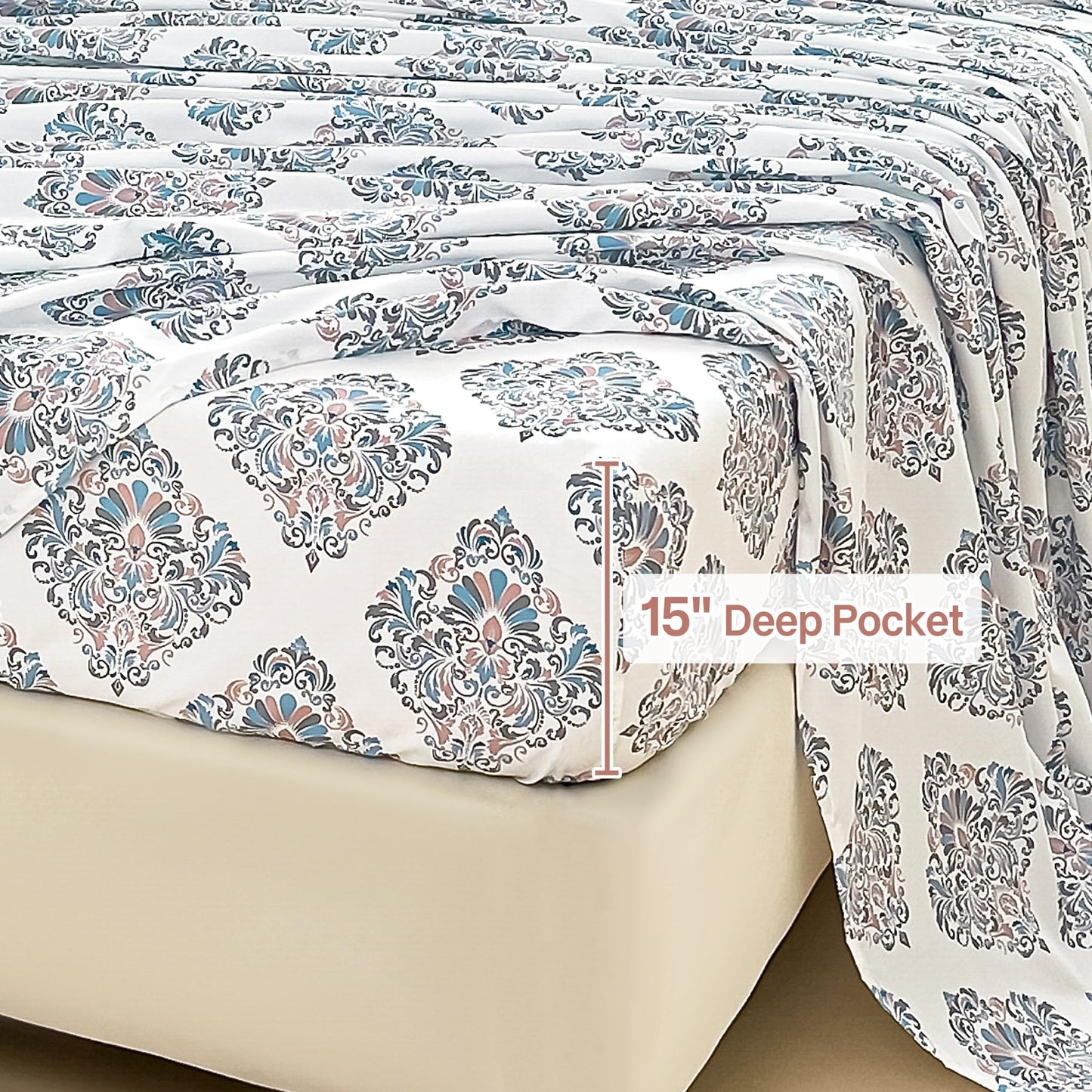 lasoftan Floral Queen Comforter Set with Sheets, 7 piece Luxury Vintage Bedding, Soft Microfiber Bed in a Bag, Cozy Lightweight Bed Set, Damask Boho Flower