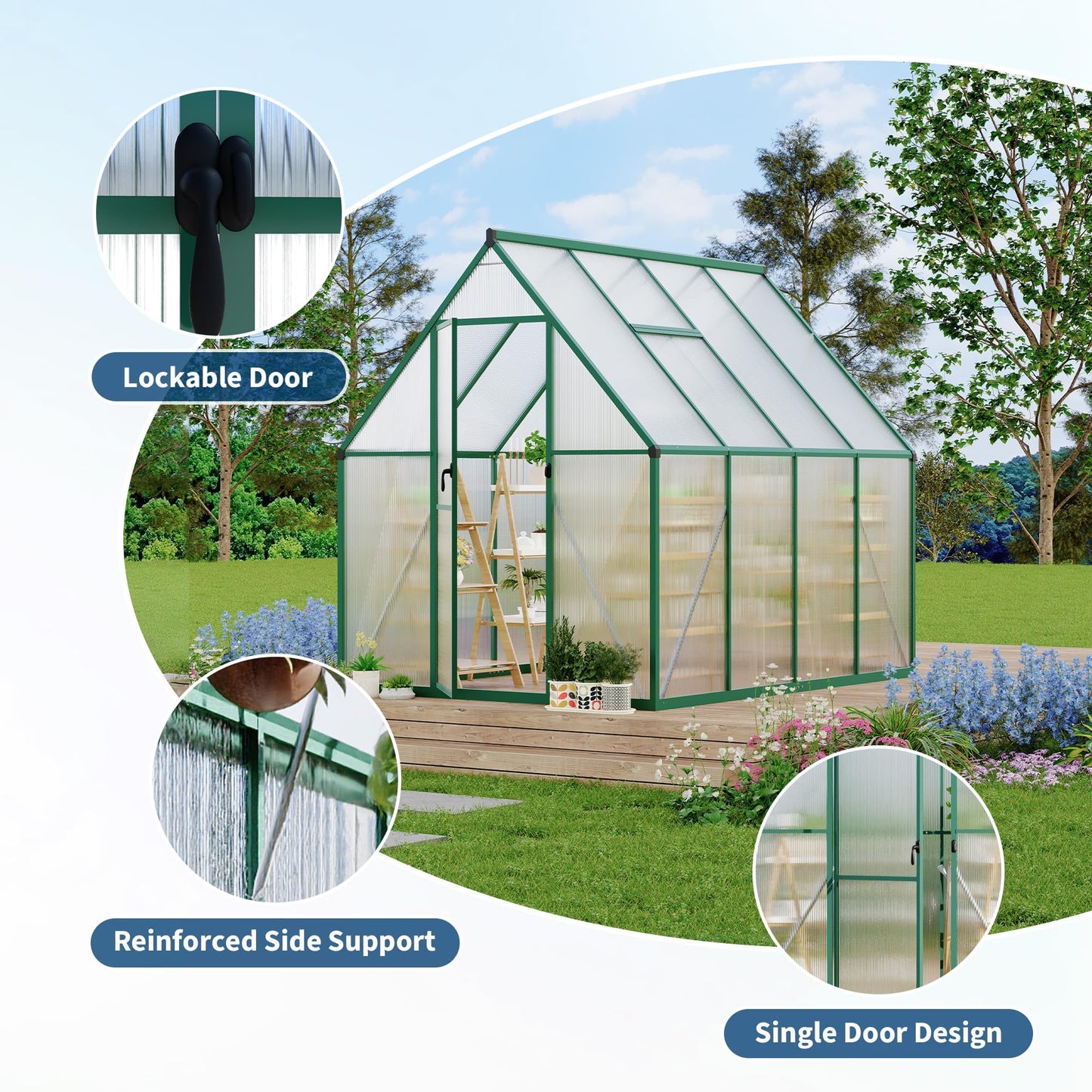 CABIHOME 6x7 FT Outdoor Greenhouse, Polycarbonate Greenhouse with Roof Vent and Ground Nails, Aluminum Large Walk-in Green House w/ Lockable Push Door for Outdoor Garden (Olive, 6x7 FT)