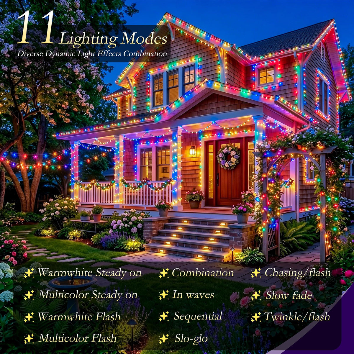 Soagrc 264FT 800LEDs Outdoor String Lights Plug in IP67 Waterproof Twinkle Lights with Remote 11 Modes Dimmable Warm White and Multicolor Color Changing for Backyard Summer Wedding Party Christmas