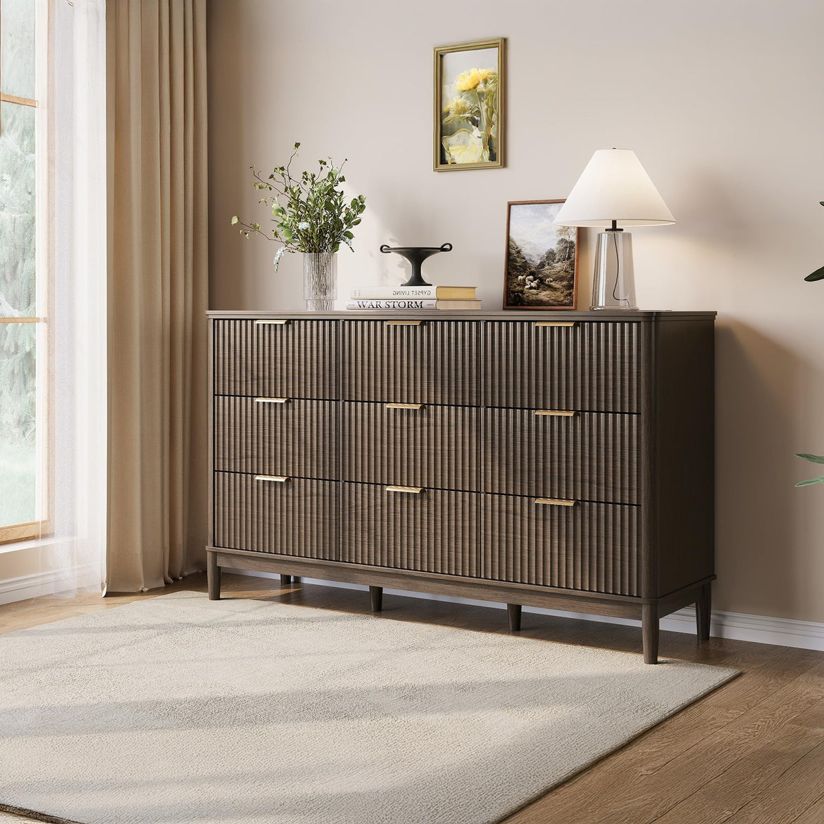 LINSY HOME Fluted Dresser for Bedroom with 9 Drawers, 58" Wide Mid Century Modern Dresser, Tall Boho Chest of Drawers, Large Wood Accent Storage Cabinet for Living Room, Curved Profile Design, Walnut