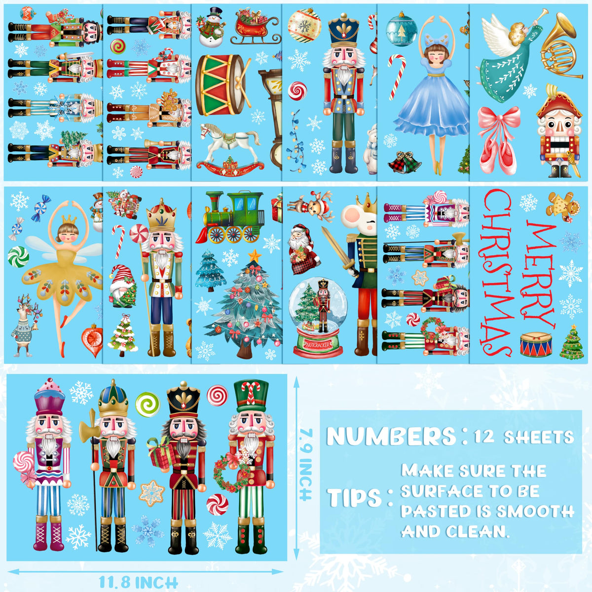Christmas Nutcracker Wall Stickers Decoration 12 Sheets, Christmas Wall Decals Holiday Nutcracker Decor, Winter Snowflake Vinyl Stickers for Living Room Bedroom Home Office