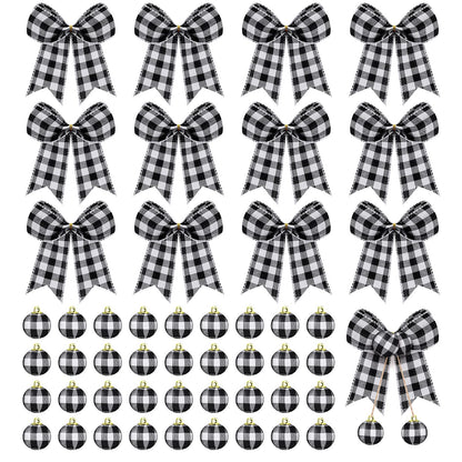 Chuangdi 36 Pcs Christmas Buffalo Plaid Ball Ornament and 12 Pcs Bow - Xmas Tree Hanging Decor for Holiday Farmhouse Party (Black and White, 5.9 Inch and 1 Inch)