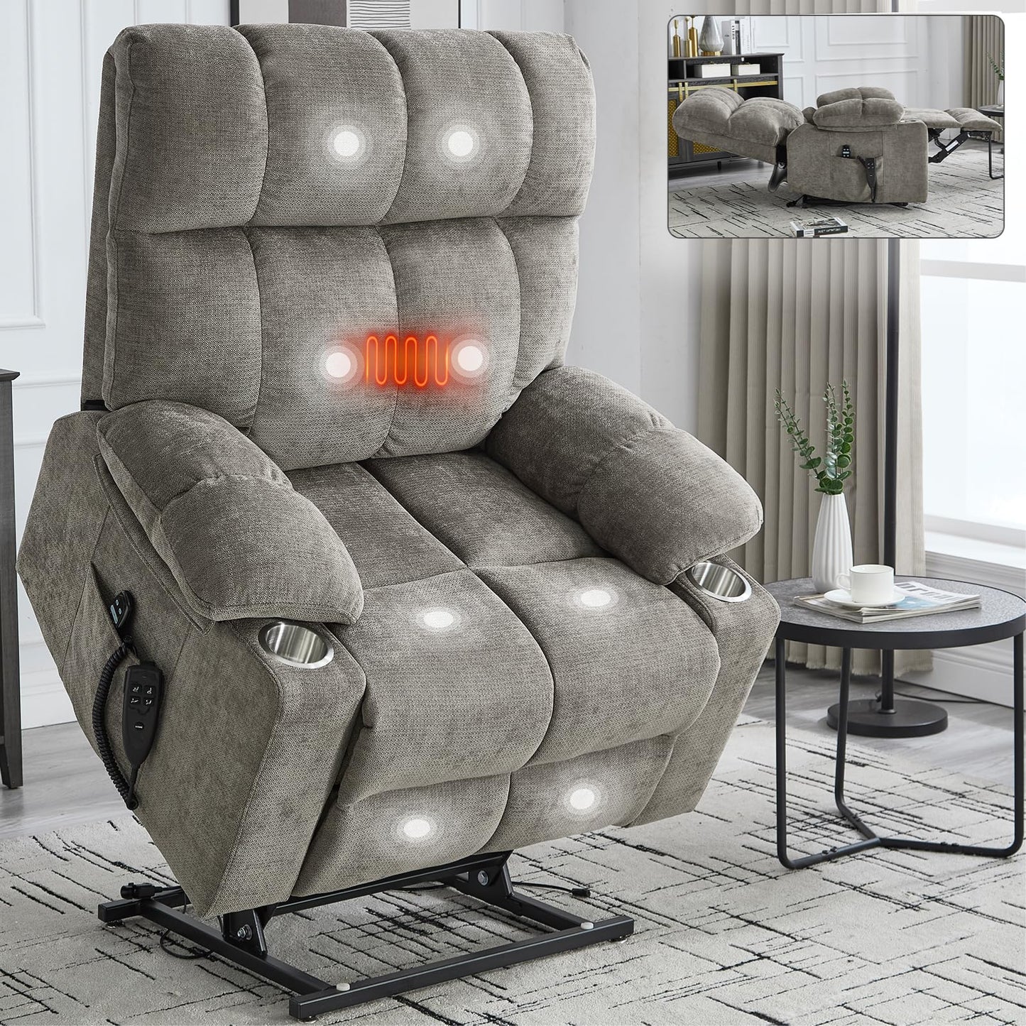 Dual Motor Power Lift Recliner Chair with Heat and Massage, Infinite Position Lift Chair, Oversized Chenille Recliner with 8-Point Vibration, Cup Holders and Side Pockets for Living Room, Brown