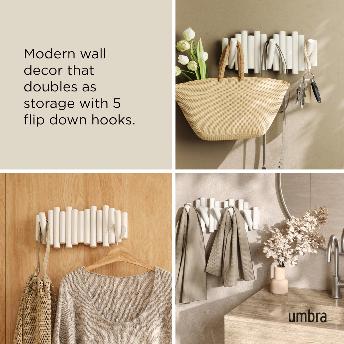 Umbra Picket Wall-Mounted Coat Rack Rail Hook with 5 Retractable Wood Pegs – Modern, Space-Saving Storage Organizer, White