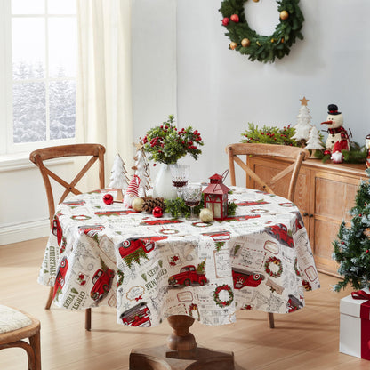 Newbridge Farm Fresh Christmas Tree Vinyl Tablecloth with Flannel Backing, Vintage Retro Holiday Print, Wipe Clean, 70 Inch Round