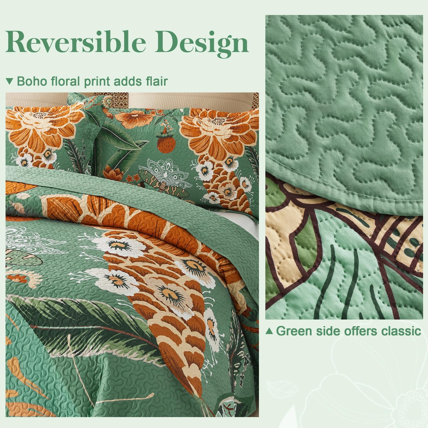 Tyrot 3 Piece Sage Green Boho Floral Full/Queen Quilt Sets Farmhouse Botanical Reversible Lightweight Bedspread Coverlet with 2 Shams Butterfly Microfiber Bedding Quilts Set for All Season, 90''x96''