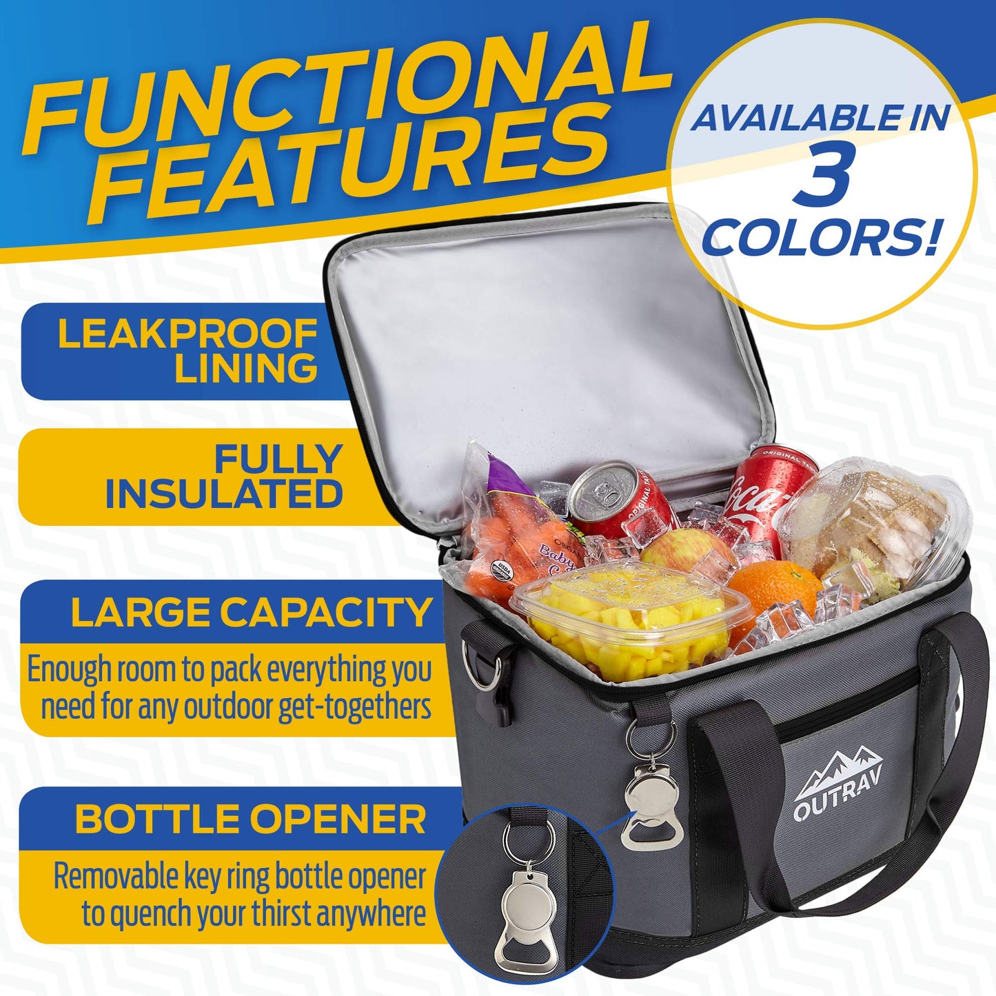 Black Insulated Cooler Bag – 6L Collapsible Thermal Lunch Bag with Bottle Opener, 16 Can Capacity – Perfect for Camping, Picnics and Travel - Handles and Removable Shoulder Strap - by Outrav