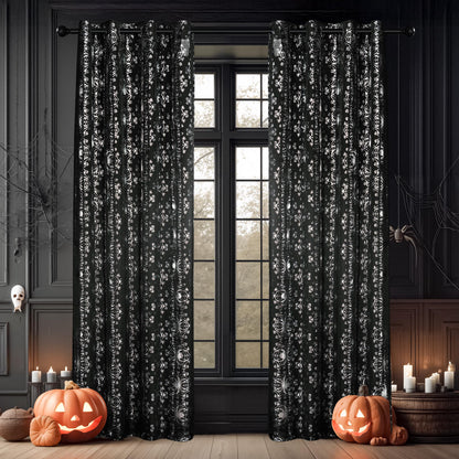 NICETOWN Black Sheer Halloween Curtains with Silver Spider Foil Print, Grommet Flowing Voile Sheer Window Treatment for Gothic Bedroom, W54 x L84, 2 Panels