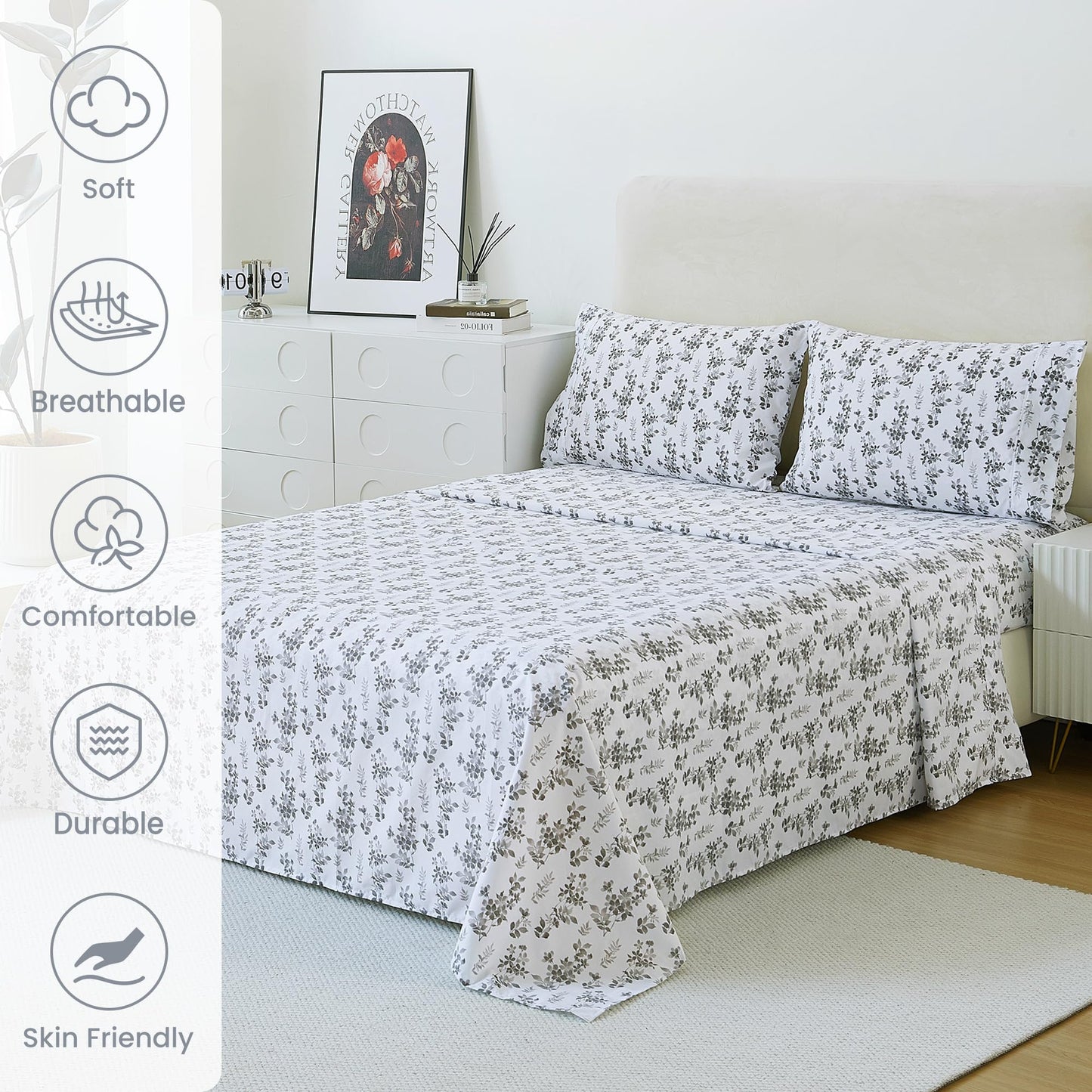 Mooreeke Cozy Vintage Microfiber Printed Twin Sheet Set - Soft Breathable Floral Bed Sheets with Deep Pocket - Non-Slip Fitted Design - Gradient Grey Small Flowers Pattern