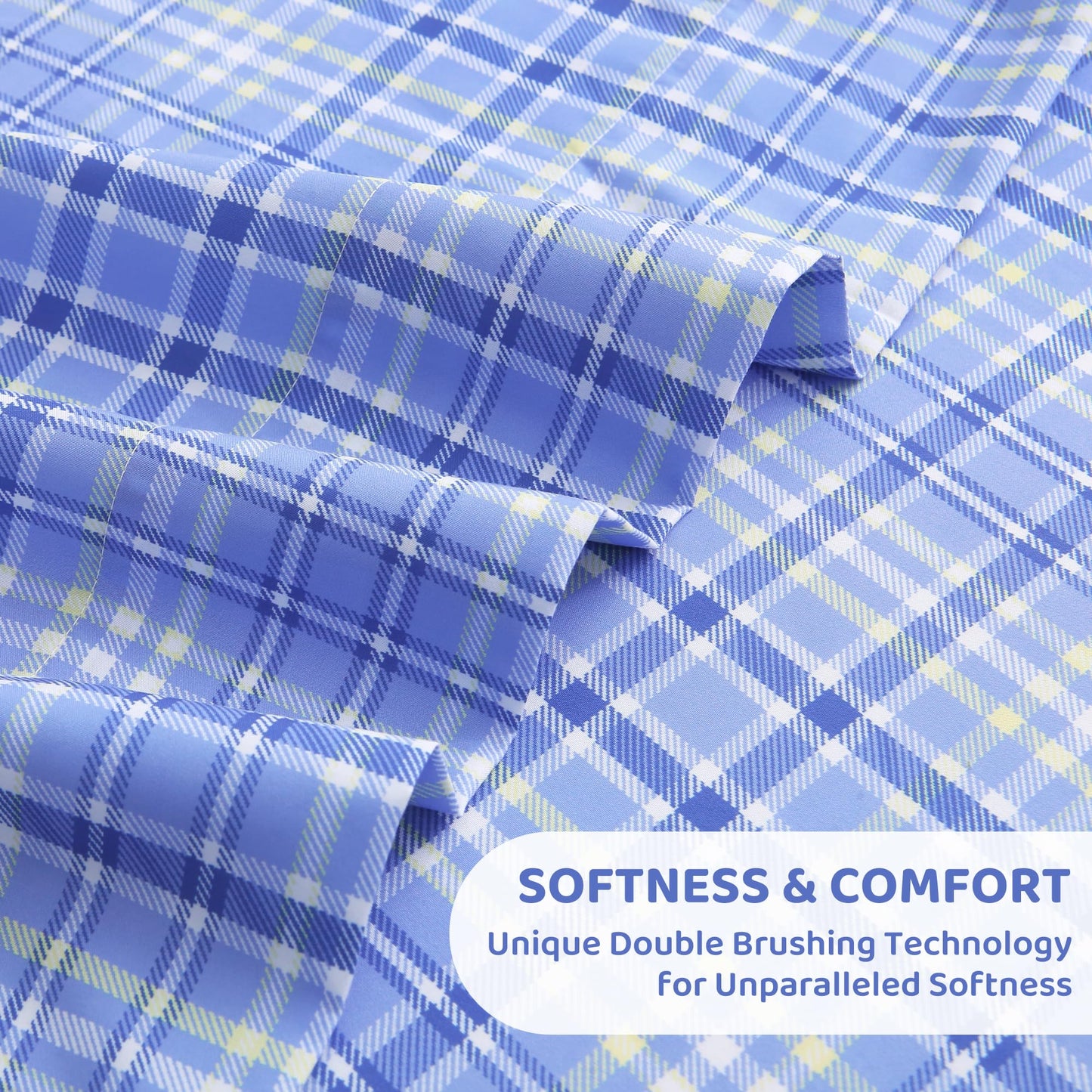 Mooreeke Cozy Plaid Microfiber Printed Full Sheet Set - Soft & Breathable Purple Yellow Plaid Bed Sheets with Extra Deep Pocket - Non-Slip Fitted Design - Purple Yellow Square Plaid Pattern - Full