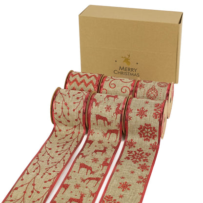 MEEDEE Christmas Ribbon Set - Wired Burlap 2.5 Inch 6 Rolls 36 Yards Red Glitter for Tree Garland, Wreaths, Tree Topper, Bow Making