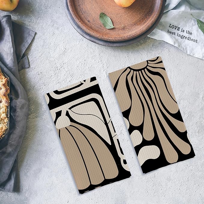 Abstract Boho Neutral Taupe and Beige Floral Kitchen Towels Set of 2, Retro 70s