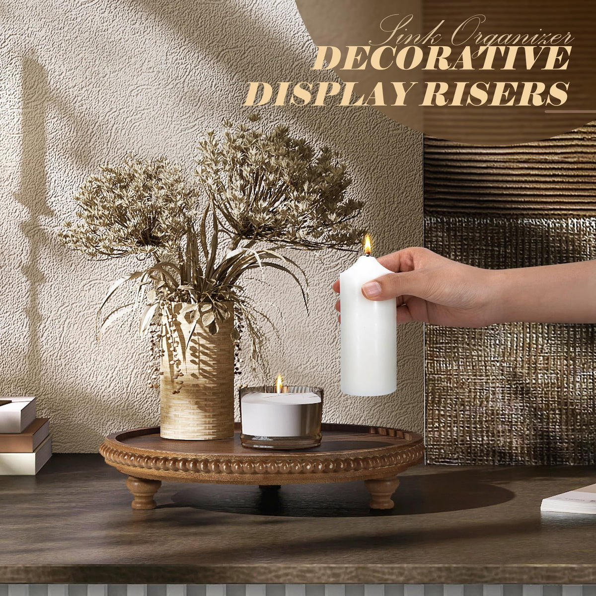 EOSAHR Round Pine Wooden Display Riser - Beaded Wood Riser for Plant, Sponge Holder & Perfume Organizer - Rustic Display Stand Kitchen Counter Organizer, Boho Chic Home Decor for Living Room(Brown)