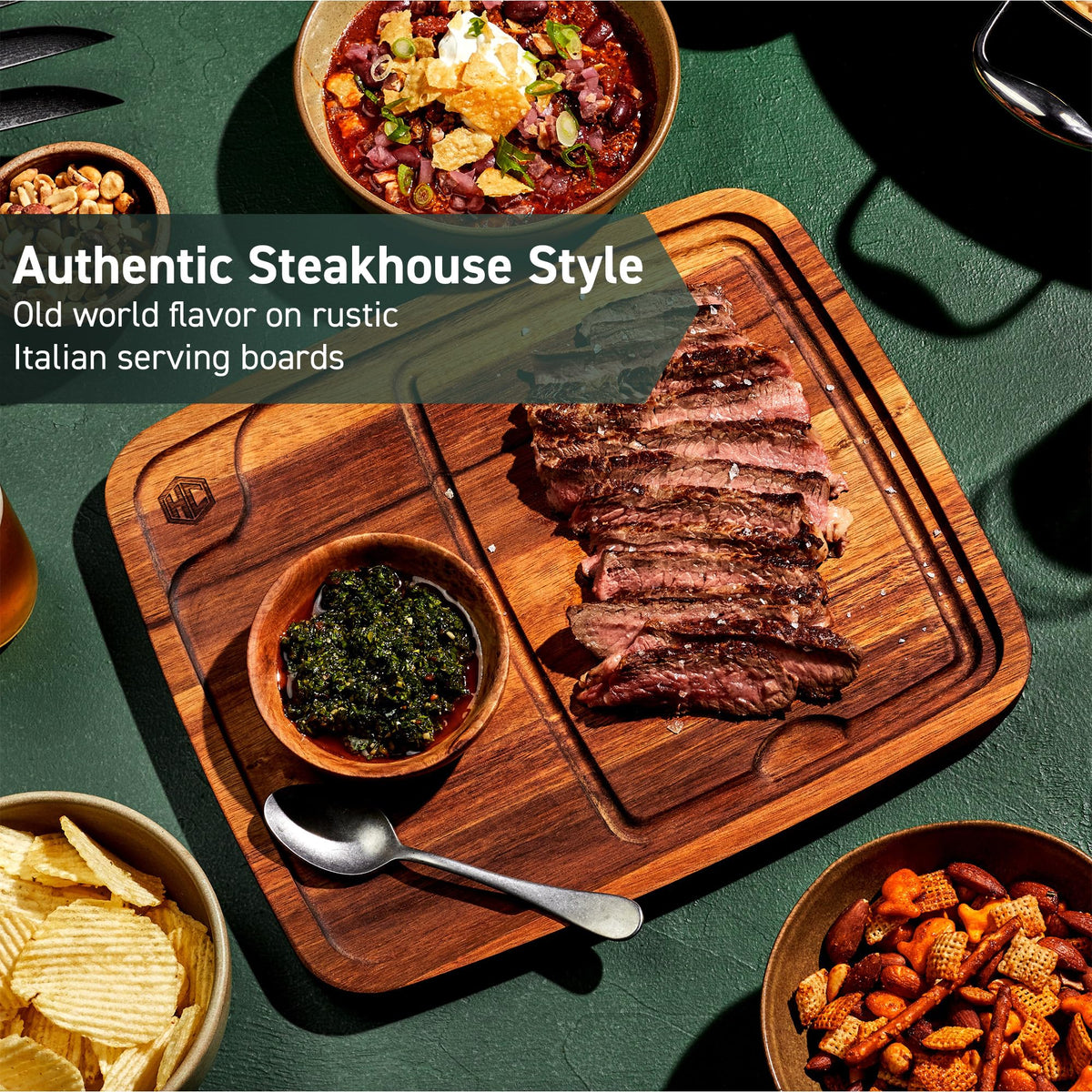 HexClad 4-Piece Bistecca Wooden Steak Plate Set with Juice Channel for Meats, Stackable Design with Straight Edges and Completely Flat Base, Easy to Clean, Lightweight and Durable