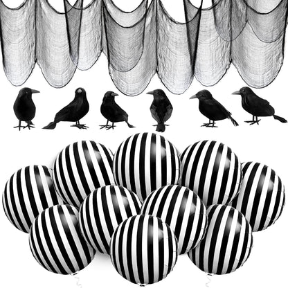 Halloween Creepy Cloth and Crows - Pack of 7 and Black and White Stripe Balloons - 18 Inch, Pack of 10 | Black and White Striped Balloons, Halloween Decorations | Halloween Crows and Raven Decorations