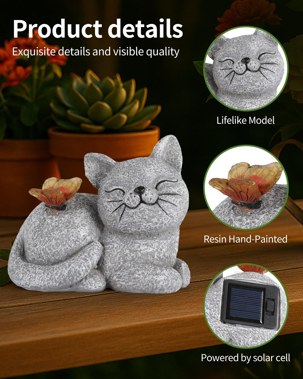 GoGnome Solar Cat Garden Statue with Butterfly Light – 5-Inch Outdoor Resin Figurine for Yard, Patio, Balcony – Gifts for Women, Garden Decor Accent (Cat)