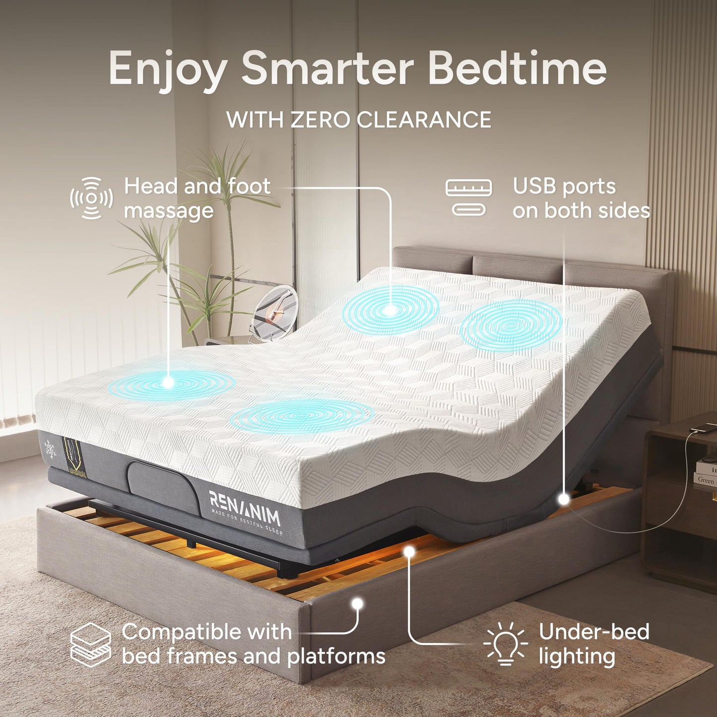 Renanim SFE Full Size Adjustable Bed Frame with Mattress - 14" Hybrid Memory Foam - Zero Clearance, Wireless Remote Head & Foot Incline - Zero Gravity - Electric Massage, Underbed Lights & 4 USB Ports