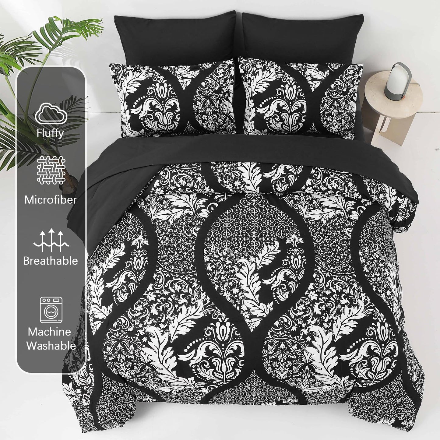 Anibedding Black Comforter Set King Size, 7 Pieces Bohemian Damask Comforter Set Soft Lightweight Microfiber Bedding Set for All Season (104"x90")