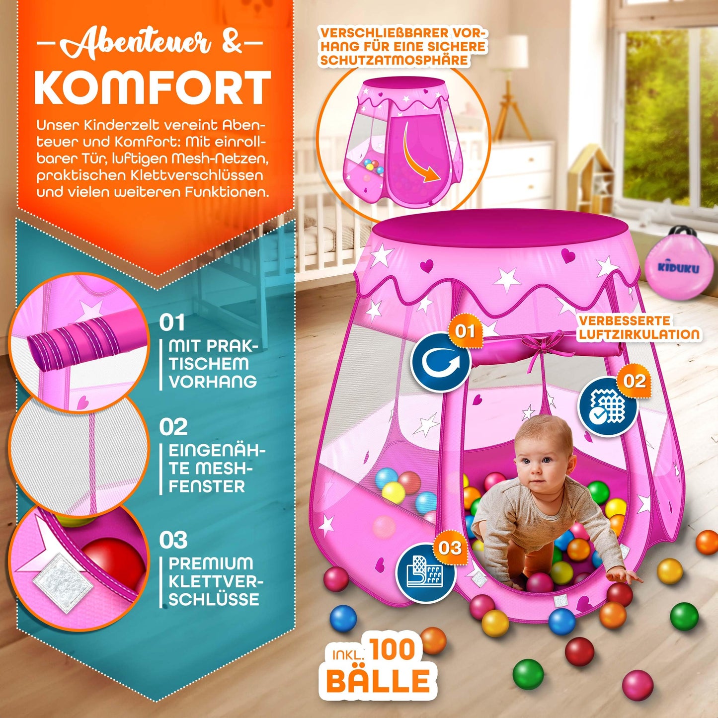 KIDUKU® Childs Play Tent Pop-Up + 100 Balls + Carrying bag Play house Ball pool Castle for Indoor and Outdoor use 3 In 1 Playground for Children Baby Kids (Pink)