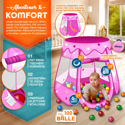 KIDUKU® Childs Play Tent Pop-Up + 100 Balls + Carrying bag Play house Ball pool Castle for Indoor and Outdoor use 3 In 1 Playground for Children Baby Kids (Pink)