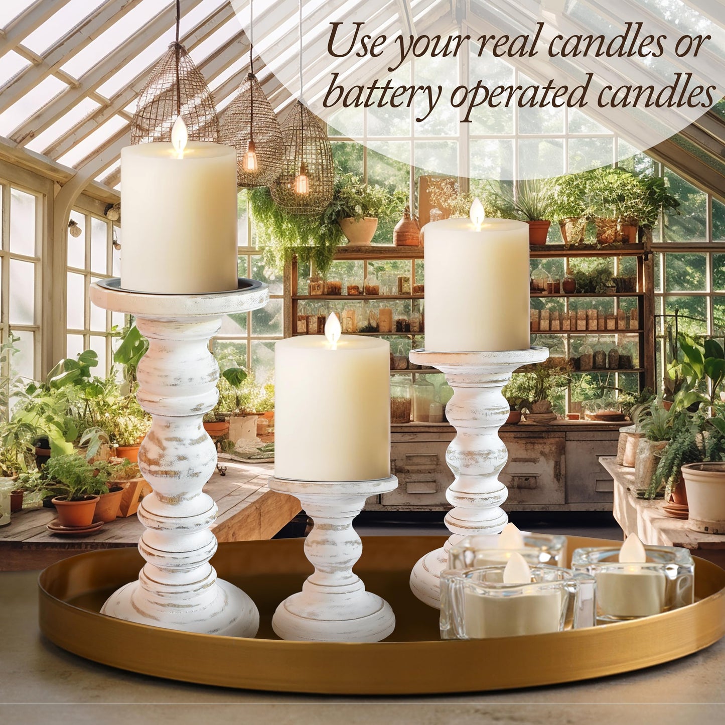 Large Candle Holders for Pillar Candles (3 Piece Set) Tall Rustic Wood Farmhouse Pillar Candlestick Stands - Fits 4 inch inch Wide Pillar Candles - Modern Candle Holder Decor (Antique White)