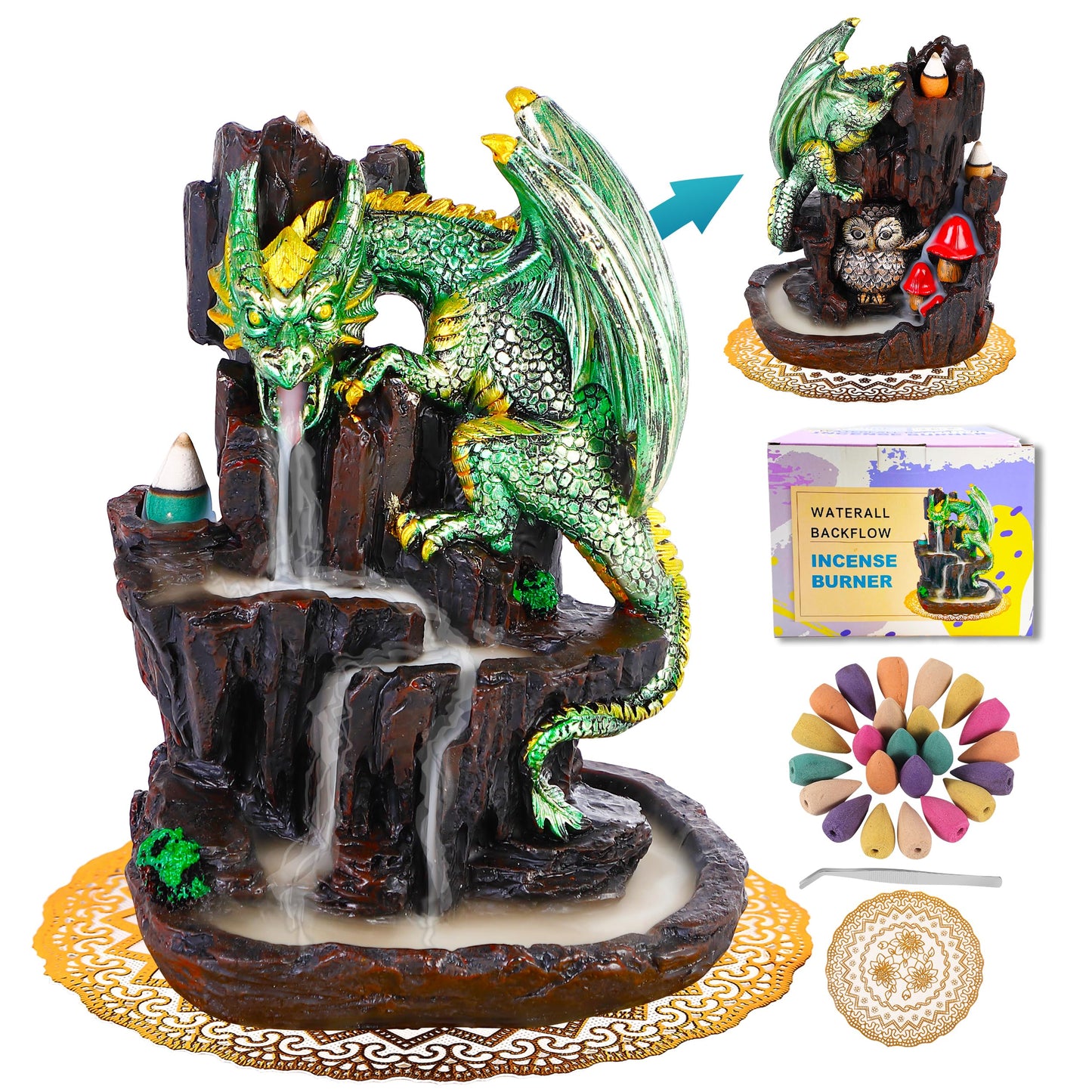 Zvaiuk Dragon Backflow 2 Sided Mountain Waterfall Incense Burner,Fountain Smoke Incense Holder with Backflow Incense Cones, Tweezers, Mat，Resin Aromatherapy Meditation (Green)