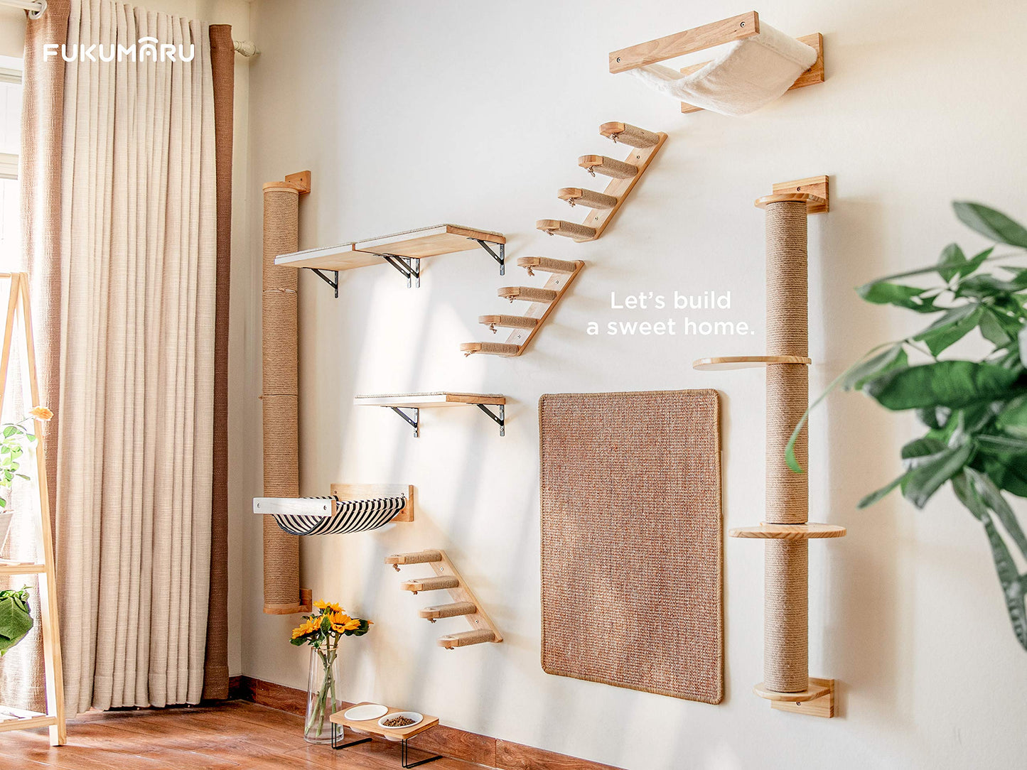 FUKUMARU Cat Climbing Shelf Wall Mounted, Four Step Cat Stairway with Jute Scratching for Cats Perch Platform Supplies, 40 x 22 cm, Left to Right