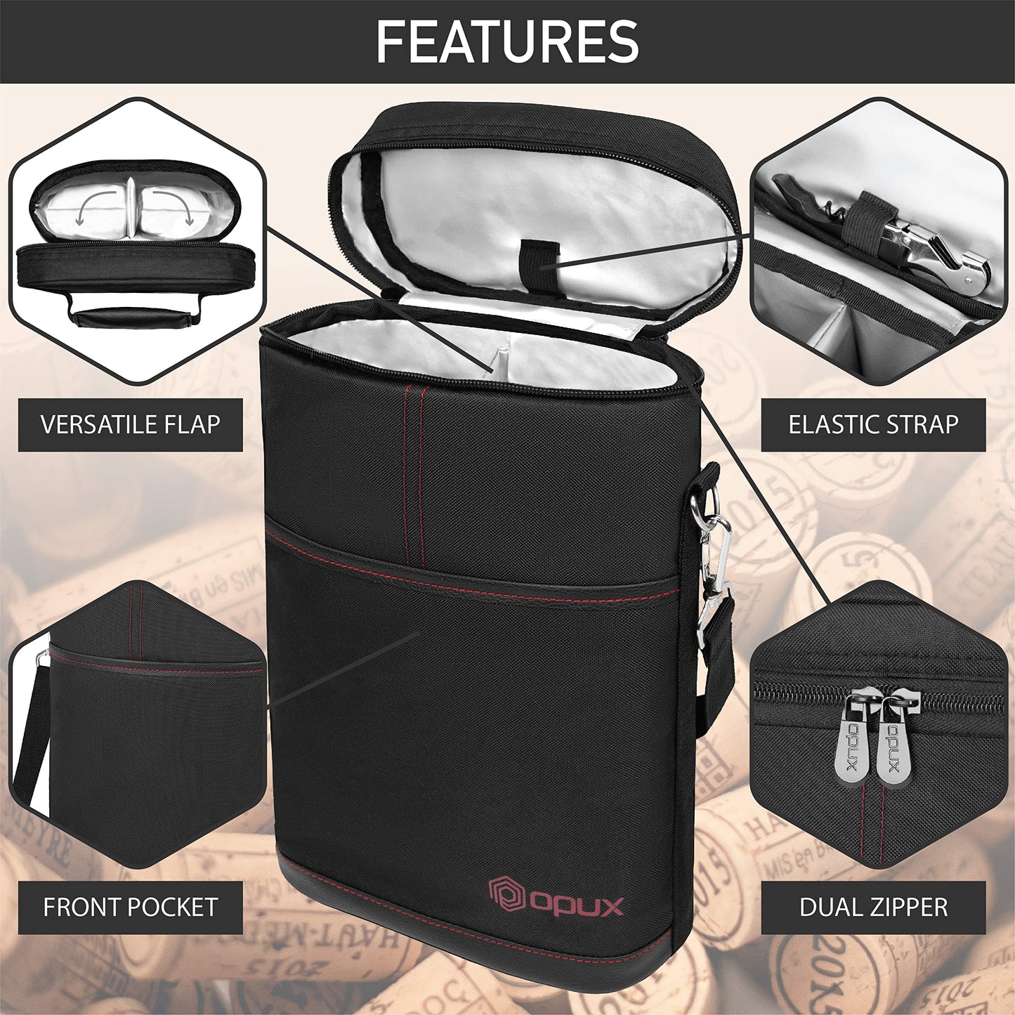 opux 2 Bottle Wine Carrier Tote, Insulated Leakproof Wine Cooler Bag, Wine Travel Bag Tote for Picnic BYOB Beach, Portable Wine Bottle Carrying Case, Gift for Wine Lover Women Men Christmas, Black