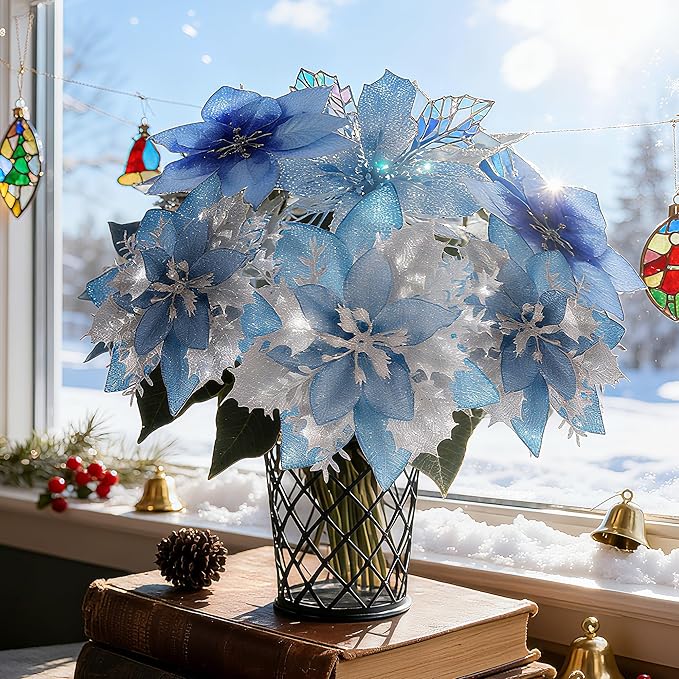 76Pcs Christmas Tree Decorations Set, Blue Assorted Ornaments with Large Shatterproof Plastic Balls, Star Tree Topper, Glitter Berries Stems, Ribbon for Indoor Garland Home Holiday Wedding Decor