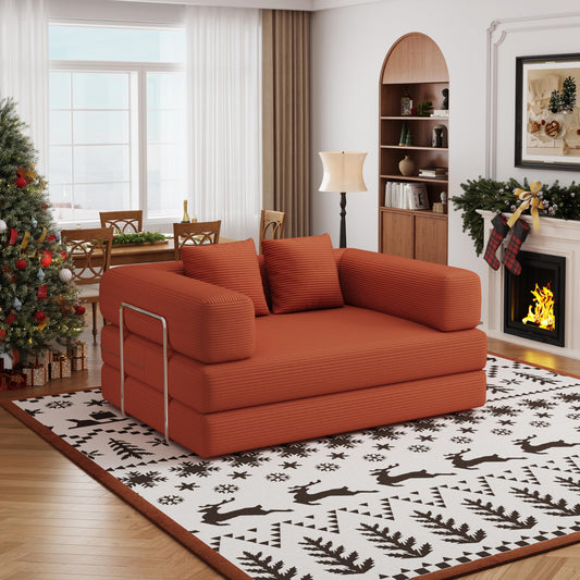 Convertible Futon Sofa Bed, 2 Seater Corduroy Floor Queen Size Bed Foldable Sleeper Lounge Boneless Loveseat Couch with 2 Throw Pillows for Living Room Bedroom Guest Room(Orange, 53.15"Double Sofa)