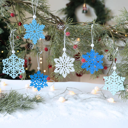 16Pieces Blue Snowflakes Ornaments 3inch Wooden Snowflake Christmas Tree Ornament for Winter Wonderland Christmas Decoration DIY Crafts 8 Styles