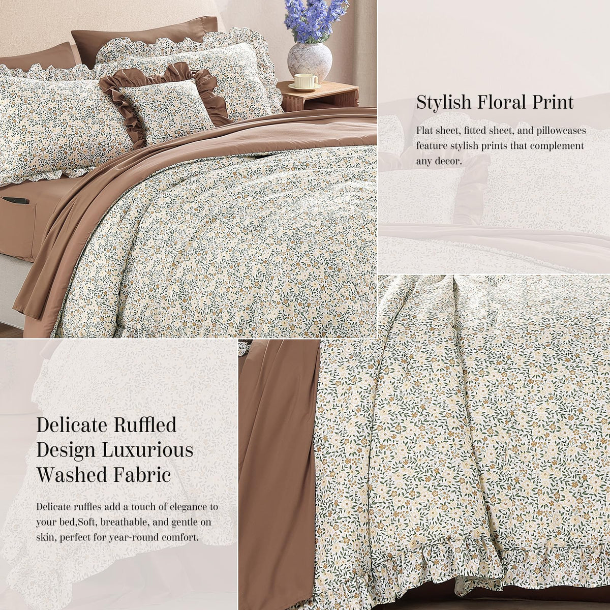 BLOOMHAVEN Queen Comforter Set - 7 Pieces Ruffle Beige Ditzy Bedding Sets, Shabby Chic Farmhouse Bed in a Bag Queen with Floral Comforter,Sheets, Pillowcases & Shams