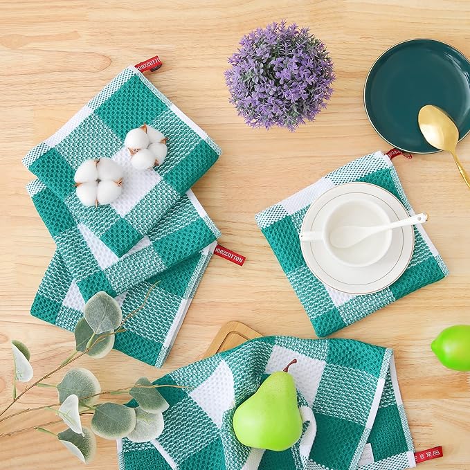 Homaxy 100% Cotton Waffle Weave Check Plaid Dish Cloths, 12 x 12 Inches