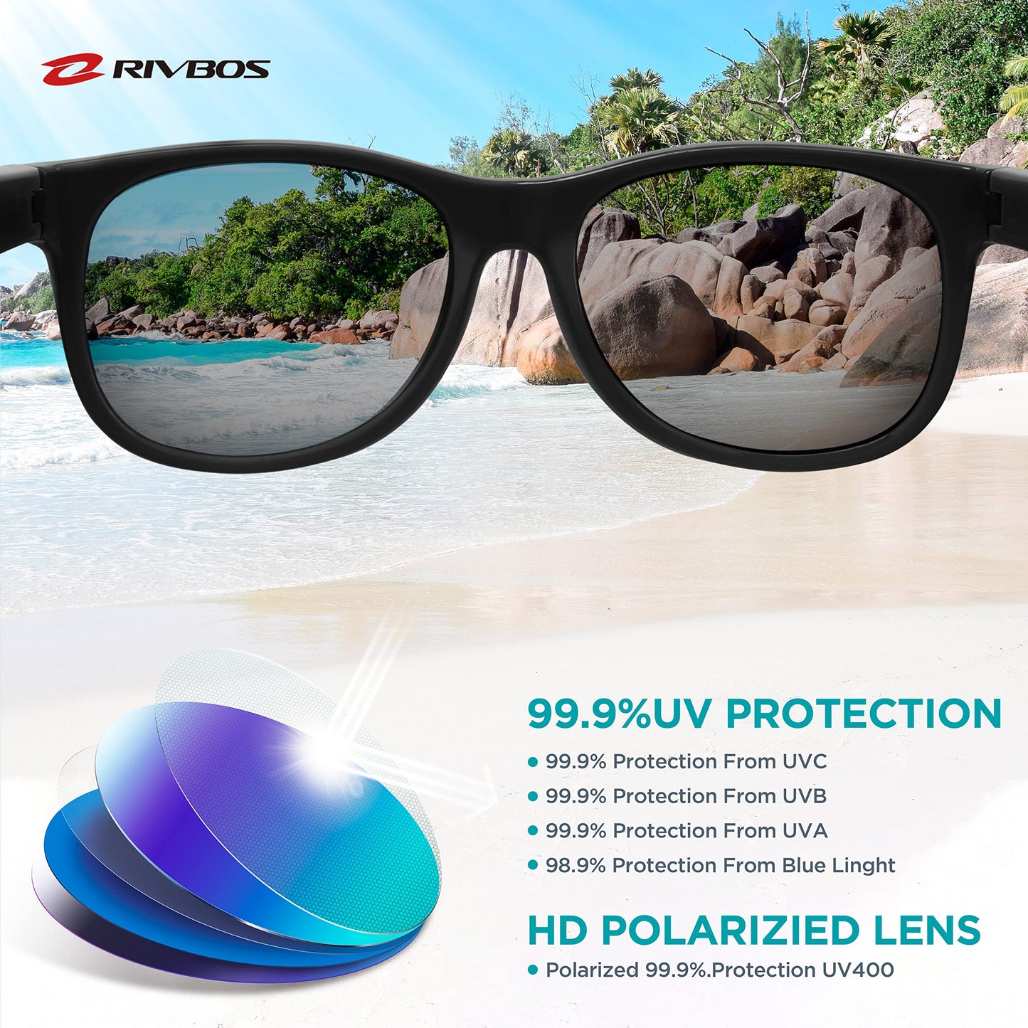 RIVBOS Kids Sunglasses Polarized Rubber UV Protection with Glasses Strap for Boys Girls Baby and Children Age 3-10 RBK004-2
