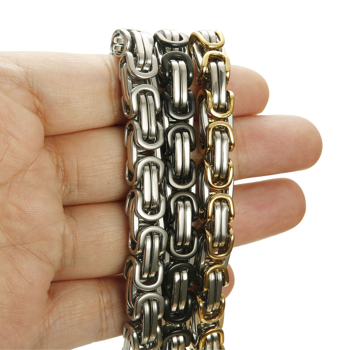 FIBO STEEL 3 Pcs 8MM Stainless Steel Chain Link Bracelets for Men Byzantine Bracelets,8.5 inches