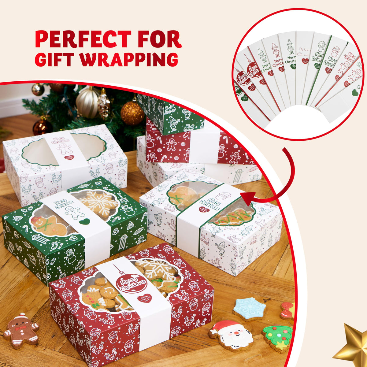 JOYIN 12PCS Christmas Cookie Boxes for Gift Giving, 8.5" x 5.75" x 2.75" Xmas Holiday Bakery Treat Boxes with Window, 4 Design Cookie Containers Box for Baked Goods, Cupcake, Pastry, Candy