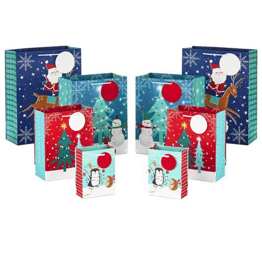 Hallmark Christmas Gift Bags Assorted Sizes (8 Bags: 2 Small 5", 2 Medium 8", 2 Large 11", 2 Extra Large 14") Penguins, Hedgehogs, Santa Claus, Snowmen, Trees