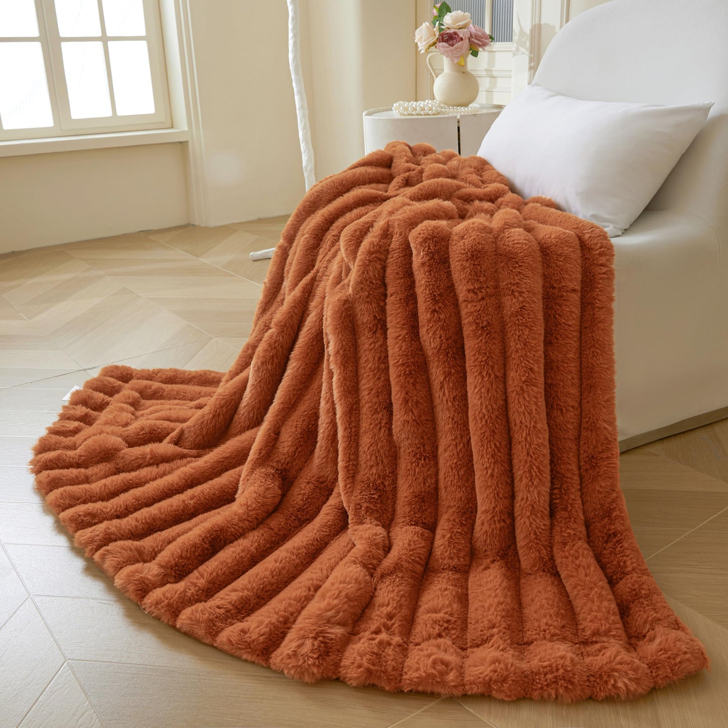 MEGO Fluffy Faux Rabbit Fur Throw, Luxury Stripe Plush Fuzzy Blanket for Bed Couch Sofa Chair, Decorative Shaggy Throw Bedroom Living Room, Furry Blanket Kids Girls Teens Adults, 50x60, Burnt Orange
