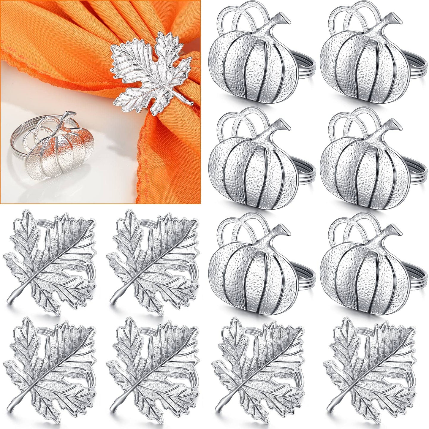 Patelai 12 Pieces Thanksgiving Napkin Ring Set Pumpkin Maple Leaf Fall Leaf Rings Halloween Napkin Holders Ring Kit for Thanksgiving Halloween(Maple and Pumpkin,Silver)