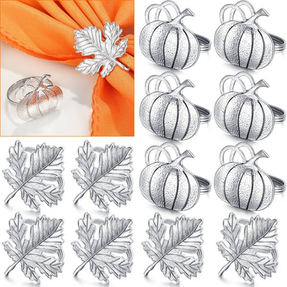 Patelai 12 Pieces Thanksgiving Napkin Ring Set Pumpkin Maple Leaf Fall Leaf Rings Halloween Napkin Holders Ring Kit for Thanksgiving Halloween(Maple and Pumpkin,Silver)