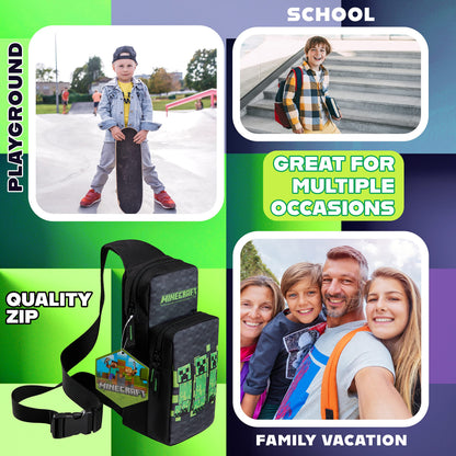 Minecraft Crossbody Bag for Boys Teens Creeper Sling Bag with Compartments Adjustable Strap Chest Bag for Travel Holidays Ideal for Phone Wallets Gamer Gifts (Black/Green)