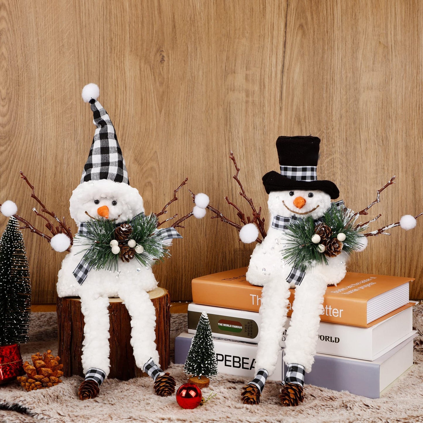 Lulu Home Christmas Snowman Decorations, Set of 2 Plush Shelf Sitters with Dangling Legs, Buffalo Checked Christmas Snowman Ornaments for Table Mantel Desk Fireplace Home Holiday Decor